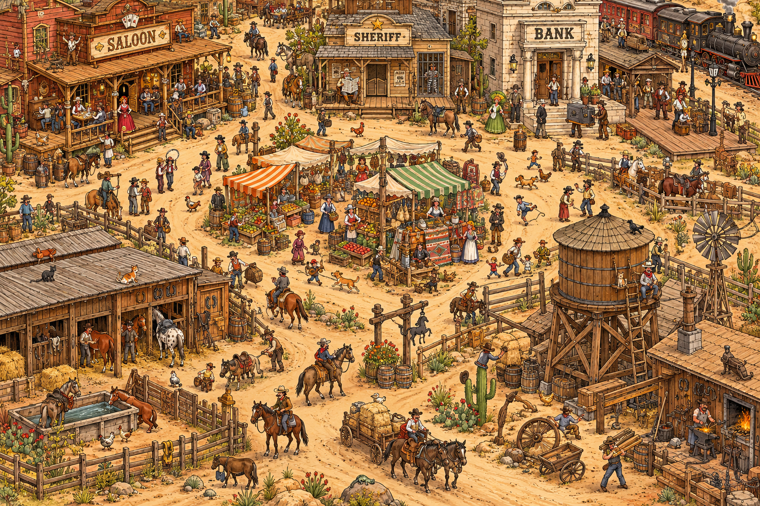 Busy illustrated Wild West town
